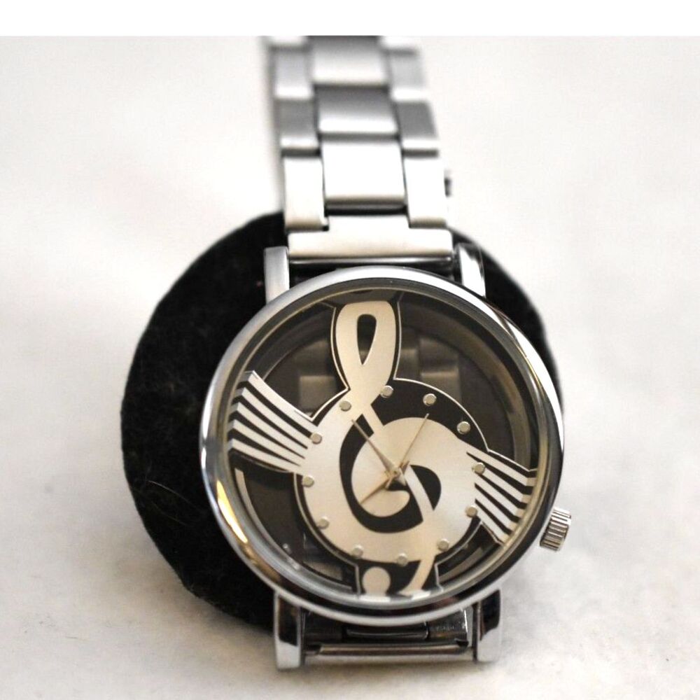 NWOT Treble Clef Hallow Glass Silver Tone Link Band Unisex Works Great Watch